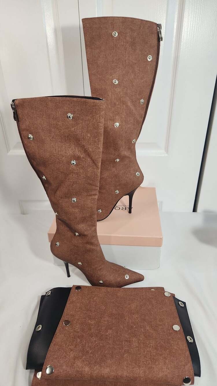 ARQA Brown Studded Knee High Stiletto Boots with Matching adjustable top